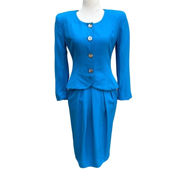 Christian Dior Vintage Blue Mother-Of-Pearl Button Long Sleeve Blazer Skirt Suit - Picture 1 of 16